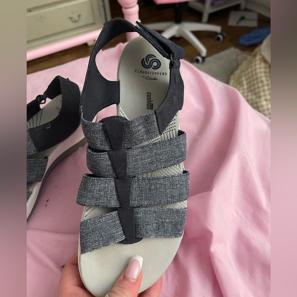 Clarks Cloudsteppers Ankle Strap Sandals Open Toe Shoes Denim Blue & Grey - Picture 2 of 4